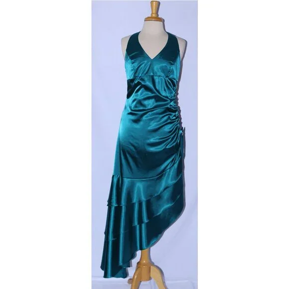 Poly USA #2718 Asymmetrical Satin Dress With Side Ruching-Size L-TEAL-NWT - Picture 1 of 4